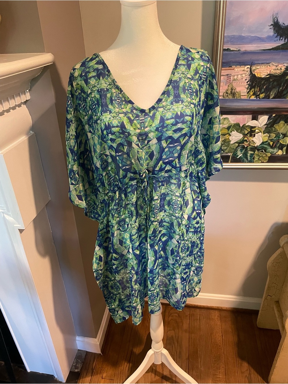 Coco Bianco Green and Blue Printed Swim Cover-Up. Pull string waist.